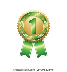 First prize gold medal on isolated white background. Award badge with green ribbon. Champion symbol of victory in competitive games. Vector illustration.
