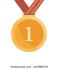 First prize gold medal and red ribbon flat vector illustration.