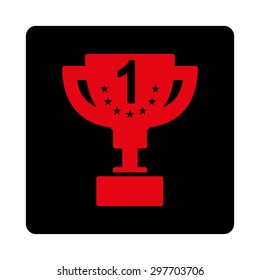 First prize icon from Award Buttons OverColor Set. Icon style is intensive red and black colors, flat rounded square button, white background.