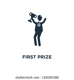 First prize icon. Black filled vector illustration. First prize symbol on white background. Can be used in web and mobile.