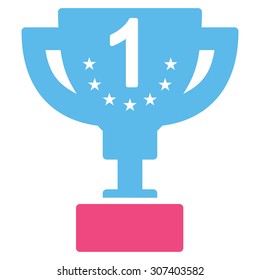 First prize icon. Vector style is flat bicolor symbols, pink and blue colors, rounded angles, white background.