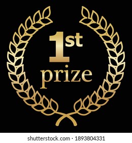 first prize, laurel wreath, gold color, vector illustration