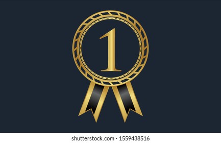 First prize ribbon award vector. Guarantee luxury gold logo