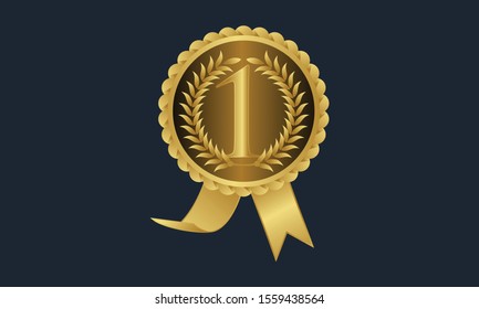 First prize ribbon award vector. Guarantee luxury gold logo