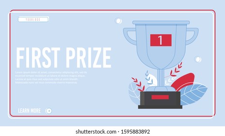 First Prize in Successful Business. Cartoon Champion Trophy Gold Cup Reward, Winner Goblet. Competition Success. Achieving Goals and Victory. Flat Design Landing Page in Frame. Vector Illustration