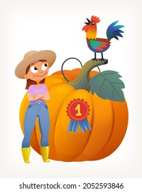 First prize won by farmer girl for planting the biggest orange pumpkin at countryside agricultural festival. Girl standing near huge vegetable. Rooster on top. Isolated vector illustration