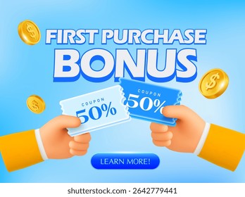 First purchase bonus banner template with hands holding gift vouchers with coupon code, golden coins flying around, isolated on background. Discount event banner concept in 3d vector
