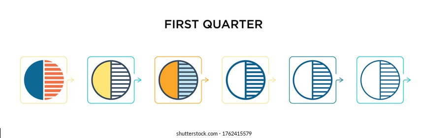 First quarter vector icon in 6 different modern styles. Black, two colored first quarter icons designed in filled and outline stroke style. Vector illustration can be used for web, mobile, ui.