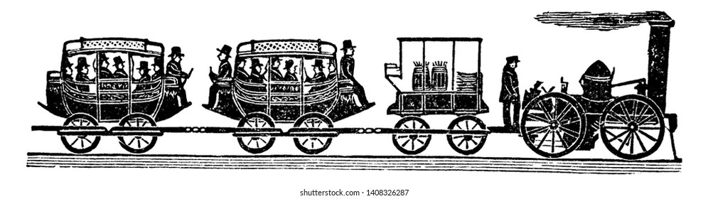 First Railroad Train To Be Used In America, Vintage Line Drawing Or Engraving Illustration.