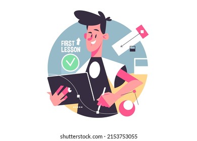 First remote lesson via laptop vector illustration. Guy with modern tablet learning on online school from home flat style. Education, get knowledge, make progress concept. Isolated on white background