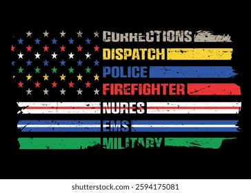 First Responder American Flag With Awareness Colors In Stars And Stripes. corrections, dispatchers, firefighters, emergency medical services, law enforcement, and military.