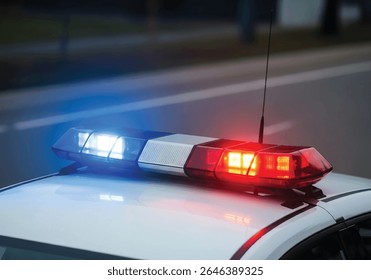 Cruzador de carro da polícia de primeiro socorros com luzes táticas azuis e vermelhas piscando no ponto de verificação DUI Roadblock
