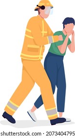 First responder rescuing frightened woman semi flat color vector characters. Full body people on white. Firefighter isolated modern cartoon style illustration for graphic design and animation