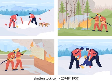 First responder service flat color vector illustrations set. Avalanche search. Extinguishing fires. Rescuers saving nature and people 2D cartoon characters collection with landscape on background