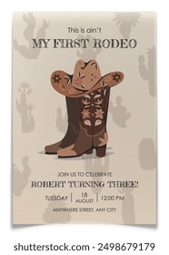 First rodeo cowgirl party invitation cards. Cowboy wild western concept in pink colors for posters or greeting cards. Hand drawn design elements, street sign, banjo, sheriff star, flowers. Vector.