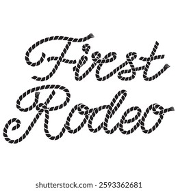 First rodeo lasso text vector clipart with rope design. Cowboy rodeo text isolated on white background