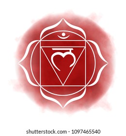 First, root chakra - Muladhara. Illustration of one of the seven chakras. The symbol of Hinduism, Buddhism. Red watercolor fog on background.