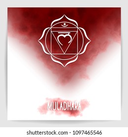 First, root chakra - Muladhara. Illustration of one of the seven chakras. The symbol of Hinduism, Buddhism. Red watercolor fog on background.