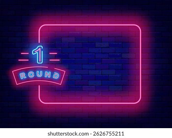First round neon flyer. Sport competition and championship. Virtual reality games. Empty frame. Vector stock illustration