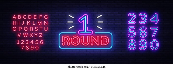 First Round Is A Neon Sign Vector. Boxing Round 1 Bout, Neon Symbol Design Element Illustration Neon Bright, Light Banner. Vector Illustration. Editing Text Neon Sign