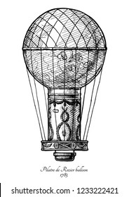 First Roziere. Vector hand drawn illustration of Jean-Francois Pilatre de Rozier balloon in vintage engraved style. Isolated on white background.  svg