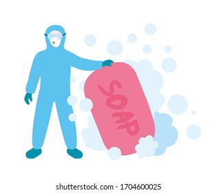 First Rule Of Fighting With Germs - Fight It With Soap. Wash Your Hands. Soap Sensitive Virus. Covid-19 Doctor Wearing Blue Isolation Suit. Washing It Clean. Bathroom Or Washroom Poster Illustration.