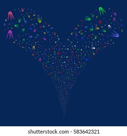 First Satellite fireworks stream. Vector illustration style is flat bright multicolored iconic symbols on a blue background. Object double fountain done from random icons.