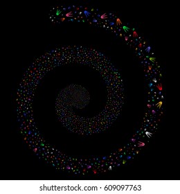 First Satellite magic swirling spiral. Vector bright multicolored scattered objects.