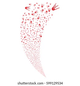 First Satellite random fireworks stream. Vector illustration style is flat red iconic symbols on a white background. Object fountain made from scattered icons.