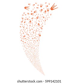 First Satellite random fireworks stream. Vector illustration style is flat orange iconic symbols on a white background. Object fountain created from scattered symbols.