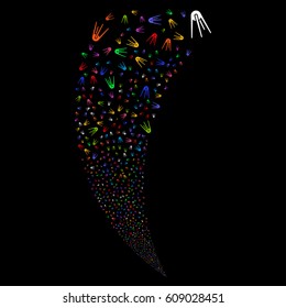 First Satellite random fireworks stream. Vector illustration style is flat bright multicolored iconic symbols on a black background. Object fountain organized from scattered pictograms.