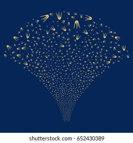 First Satellite salute stream. Vector illustration style is flat yellow iconic symbols on a blue background. Object stream fountain constructed from random design elements.