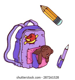 First school. Backpack full of school supplies: pencil, pen, apple and old friends a teddy bear. Shot on white background.