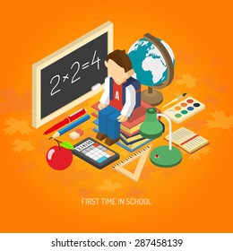 First school day educational isometric poster with scholar sitting on his books with backpack abstract vector illustration