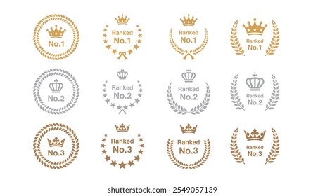 First, Second, and Third Laurel Wreath Award: Olive Leaves and Victory Stars Emblem for Champions. Vector Illustration of Gold, Silver, and Bronze Crowns with Rankings 1, 2, 3. Vector.