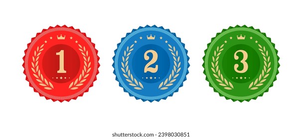 First, second and third medals set. Vector award with laurel wreath. Round prize icon. Winner rank. Competition trophy ranking