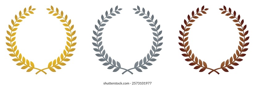 First, second and third place award in laurel wreath icon. Gold, silver and bronze laurel wreath. Winner medal award set. 1, 2, 3 place. Flat design. Vector illustration.