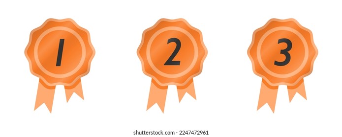 First, second and third place badges. Champion and winner awards set with ribbons.