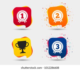 First, second and third place icons. Award medals sign symbols. Prize cup for winner. Speech bubbles or chat symbols. Colored elements. Vector