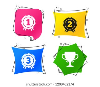 First, second and third place icons. Award medals sign symbols. Prize cup for winner. Geometric colorful tags. Banners with flat icons. Trendy design. Vector