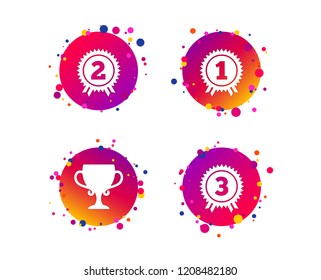 First, second and third place icons. Award medals sign symbols. Prize cup for winner. Gradient circle buttons with icons. Random dots design. Vector