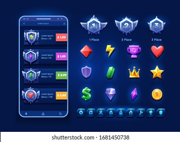 First second and third place icons Award medal. Оnline bonus store illustration and icon set for game design.For game, user interface, banner, application, interface, slots, game development. 
