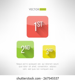 First second and third place icons made in modern simple flat design. Comtetion winners signs with long shadow. Achievment concept. Vector illustration