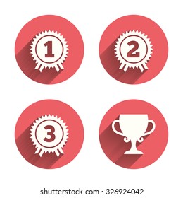 First, second and third place icons. Award medals sign symbols. Prize cup for winner. Pink circles flat buttons with shadow. Vector