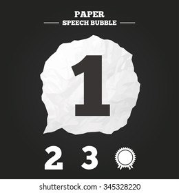 First, second and third place icons. Award medal sign symbol. Paper speech bubble with icon.
