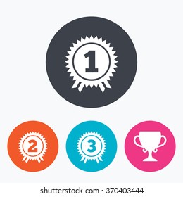 First, second and third place icons. Award medals sign symbols. Prize cup for winner. Circle flat buttons with icon.