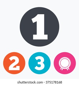 First, second and third place icons. Award medal sign symbol. Circle flat buttons with icon.