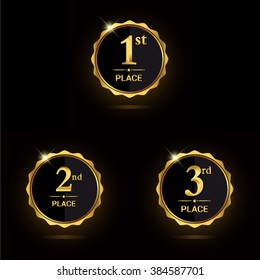 First, second and third place icons. Golden award symbol set. Vector illustration.