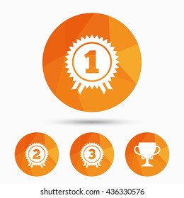First, second and third place icons. Award medals sign symbols. Prize cup for winner. Triangular low poly buttons with shadow. Vector