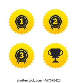 First, second and third place icons. Award medals sign symbols. Prize cup for winner. Yellow stars labels with flat icons. Vector